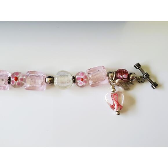 Pink Breast Cancer Awareness Glass Beaded Bracelet - Picture 4 of 6